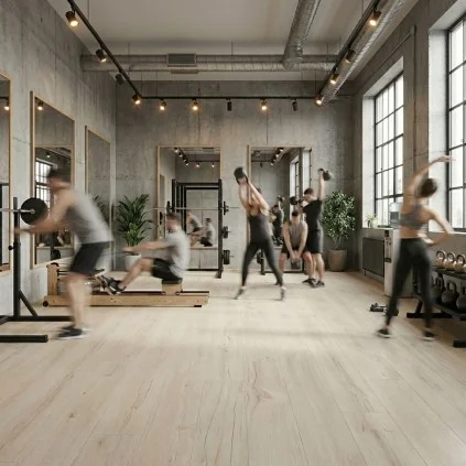 Piso laminado clásico Ivory White en un gimnasio