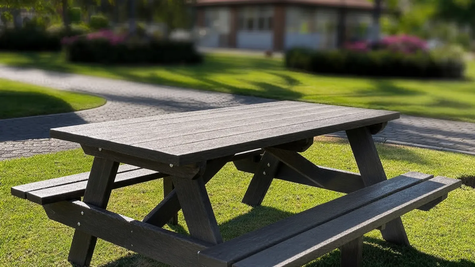 Mesa picnic de madera plástica Pertaplas en un jardín